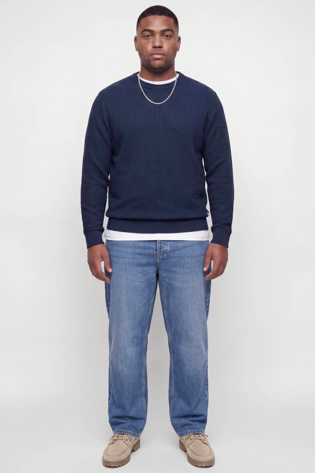 Donkerblauwe heren JACK & JONES PLUS SIZE katoenen regular fit gebreide trui met lange mouwen en ronde hals