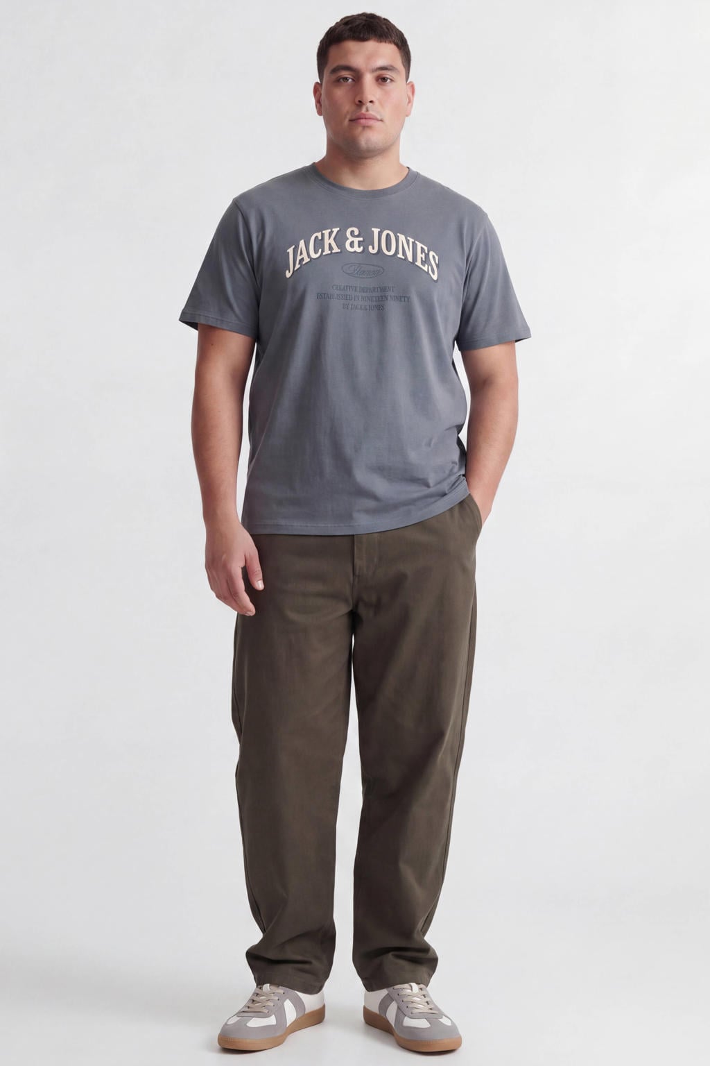 Grijsblauwe heren JACK & JONES PLUS SIZE relaxed fit T-shirt blauw van katoen met korte mouwen en ronde hals
