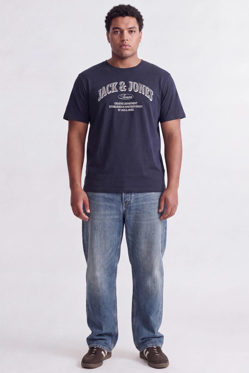 Donkerblauwe heren JACK & JONES PLUS SIZE relaxed fit T-shirt van katoen met korte mouwen en ronde hals