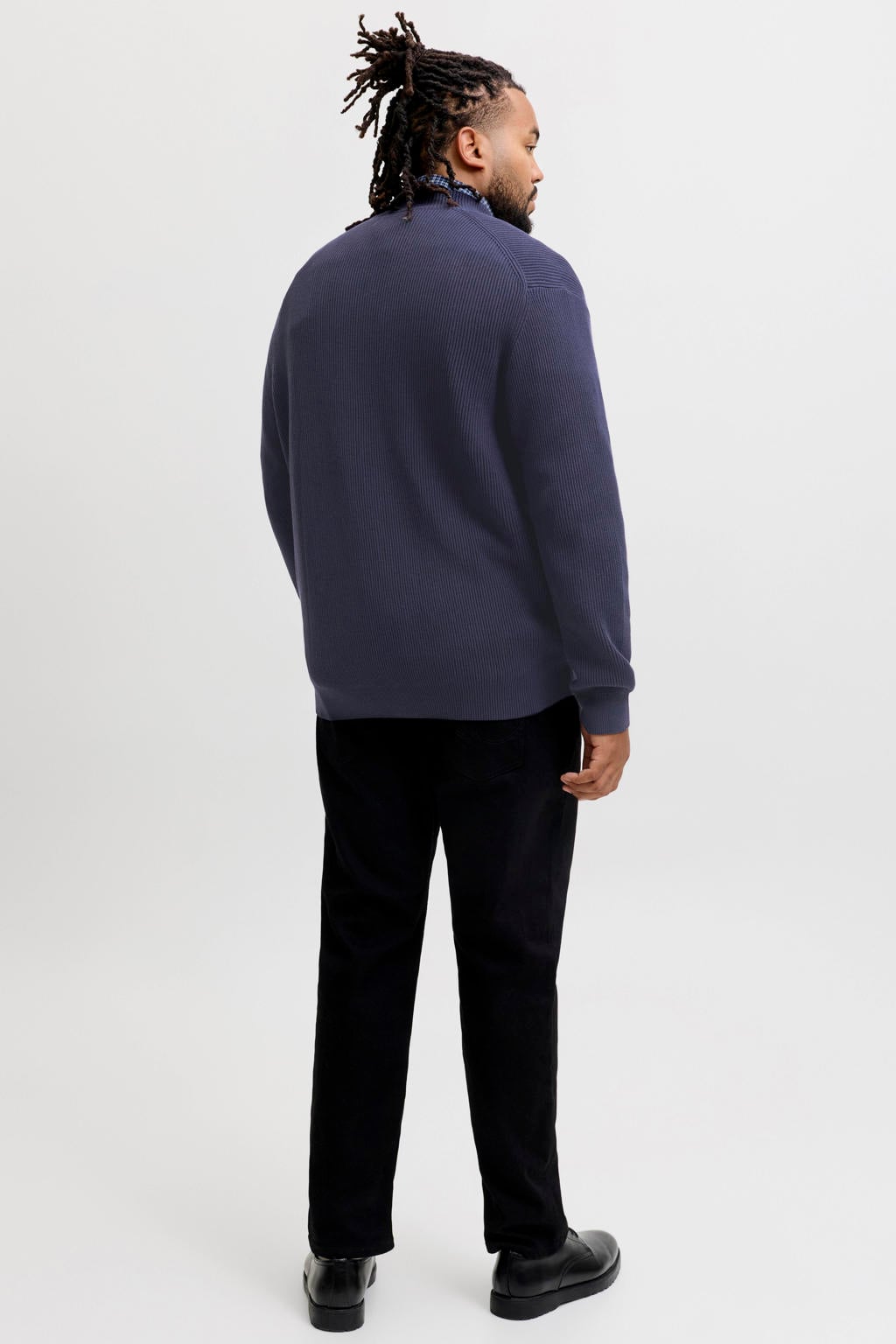 Donkerblauwe heren JACK & JONES PLUS SIZE gebreide vest van katoen met effen, lange mouwen, opstaande kraag en 2-way rits