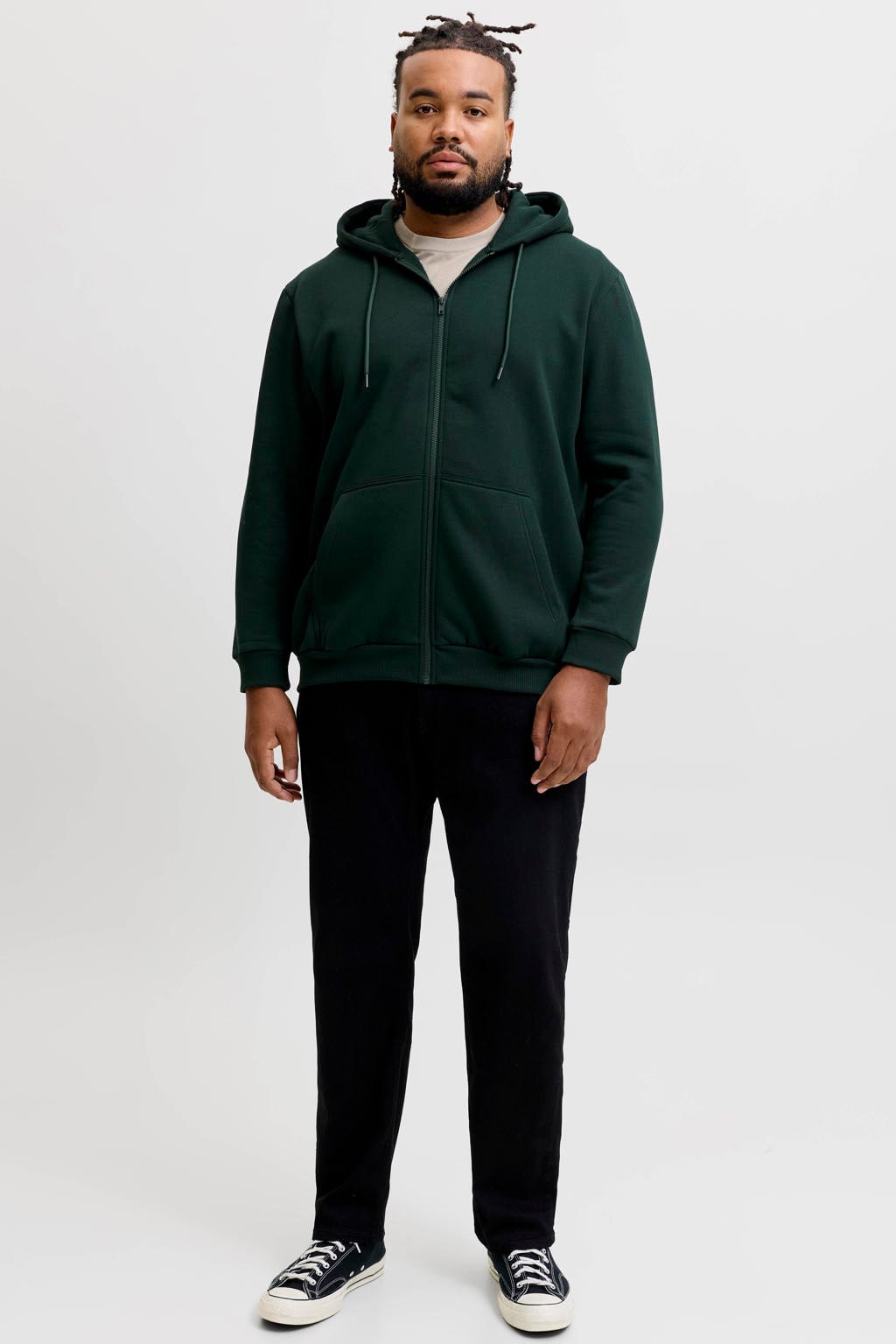 Donkergroene heren JACK & JONES PLUS SIZE sweatvest met effen, lange mouwen, capuchon, ritssluiting en geribde boorden