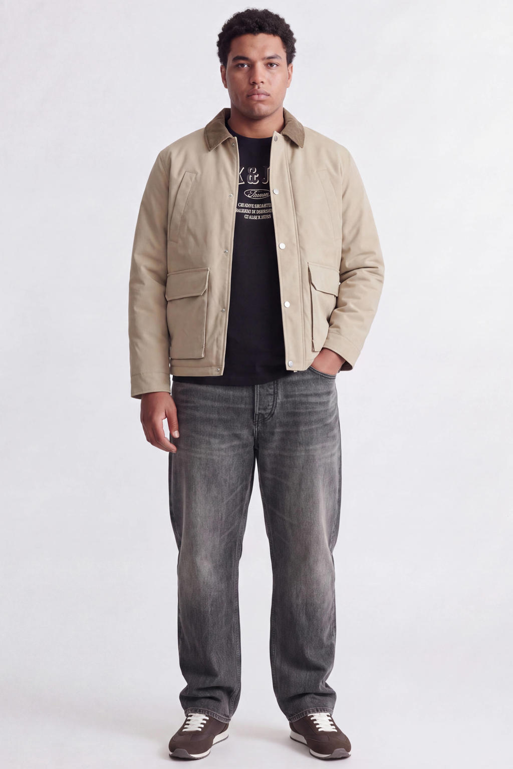 Zwarte heren JACK & JONES PLUS SIZE relaxed fit T-shirt van katoen met korte mouwen en ronde hals