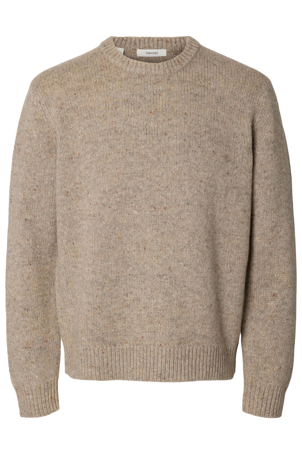 Beige heren Selected relaxed fit gebreide trui van wol met lange mouwen en ronde hals