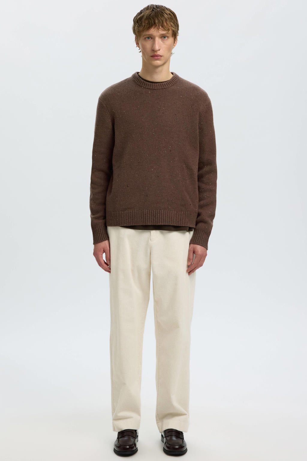Bruine heren Selected relaxed fit gebreide trui van wol met lange mouwen en ronde hals