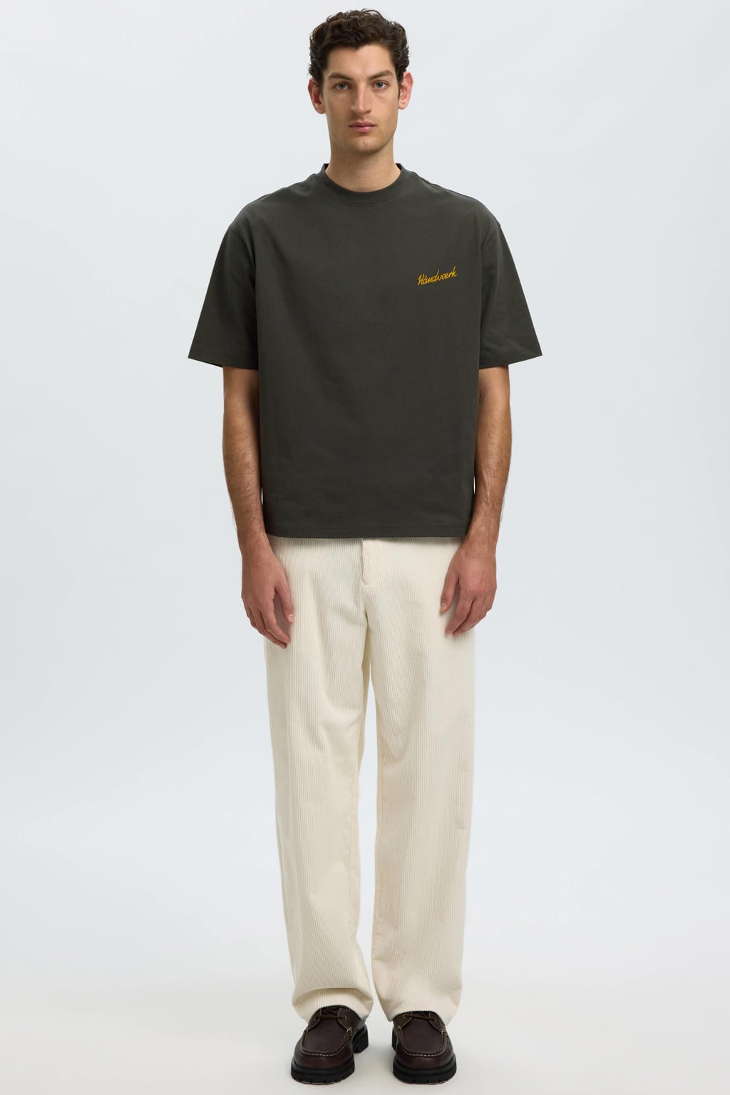 Antraciete heren Selected relaxed fit T-shirt van katoen met effen, korte mouwen en ronde hals