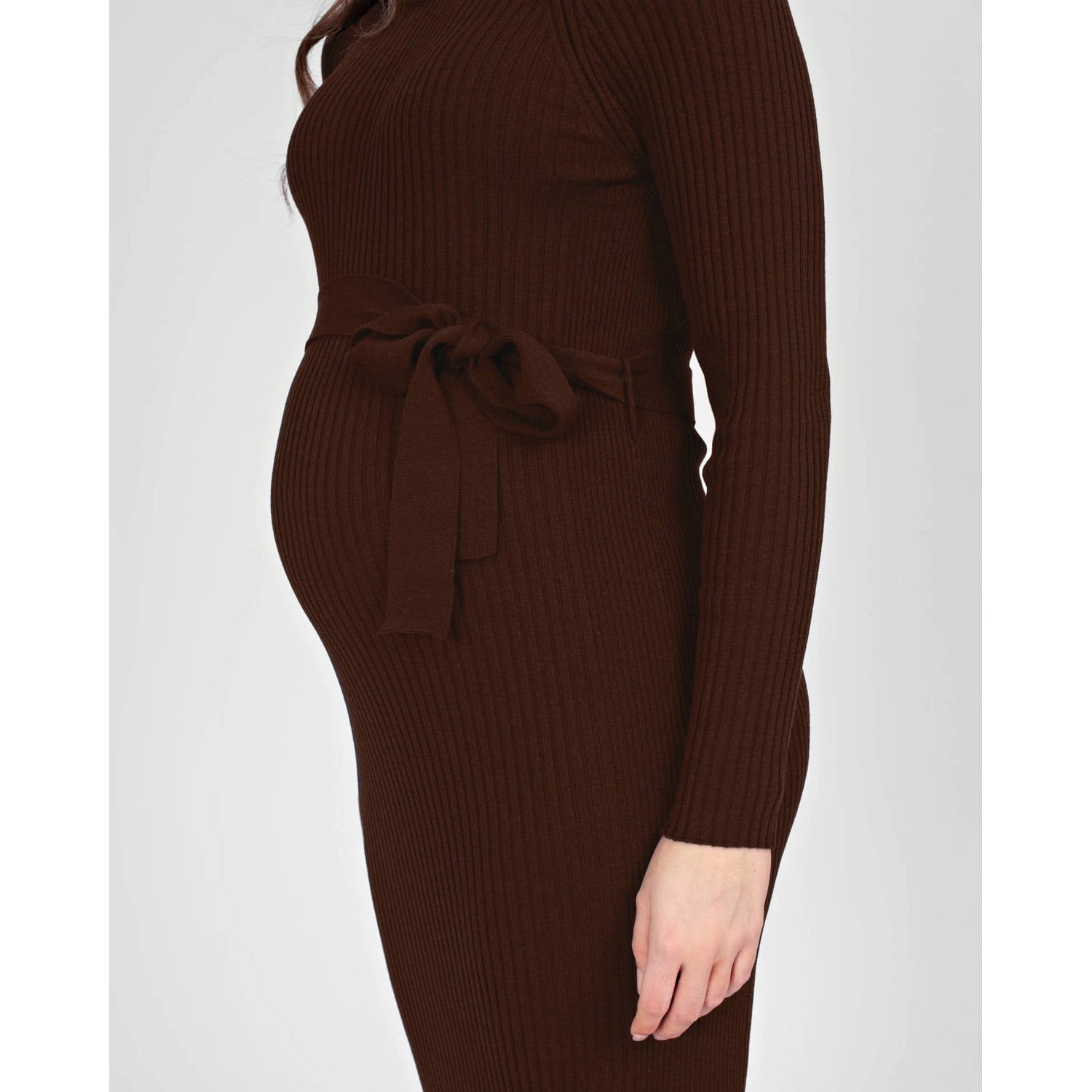 LOVE2WAIT zwangerschaps gebreide midi jurk met ceintuur en split donkerbruin