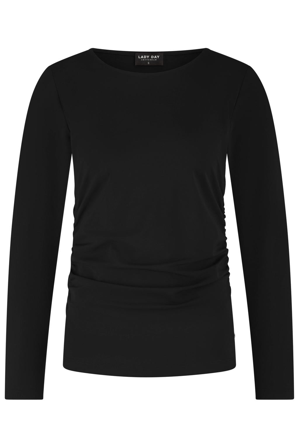 Zwarte dames Lady Day travelstof top met effen, lange mouwen en ronde hals
