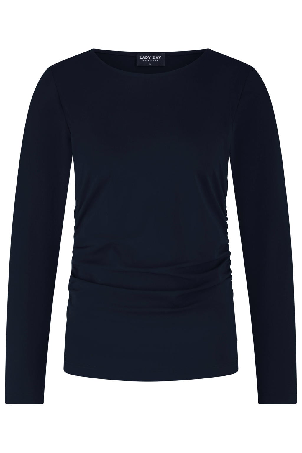 Donkerblauwe dames Lady Day top van polyamide met effen, lange mouwen en ronde hals