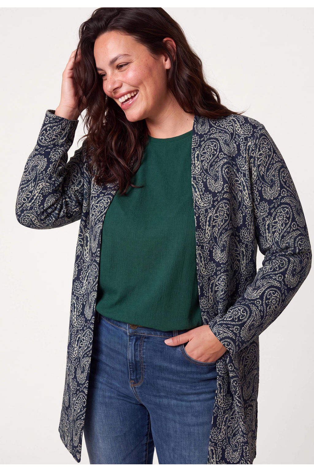 Miss Etam Plus gebreid vest met print - donkerblauw
