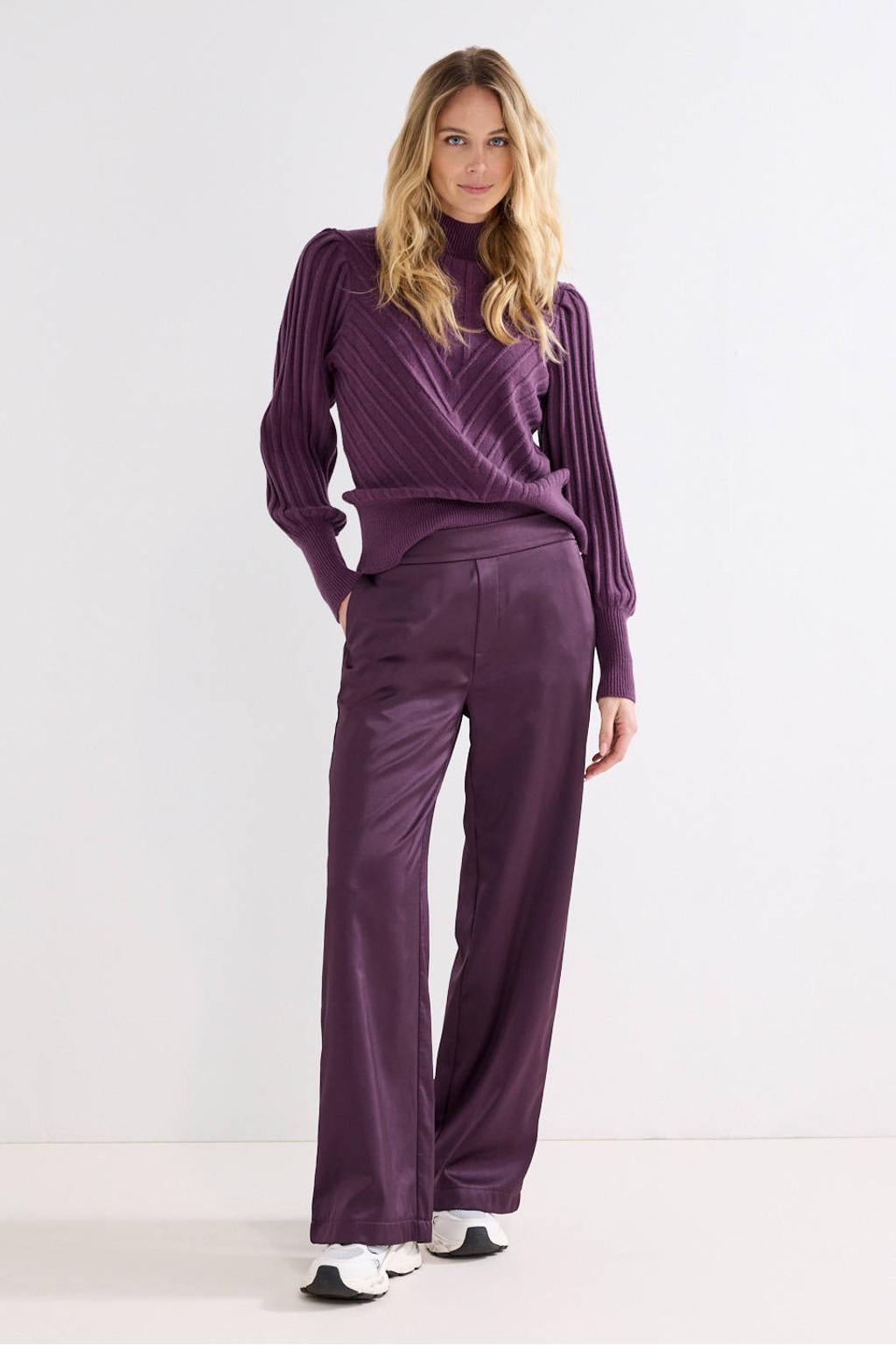 Donkerpaarse dames Tramontana satijnen straight leg pantalon met elastische inzet en effen