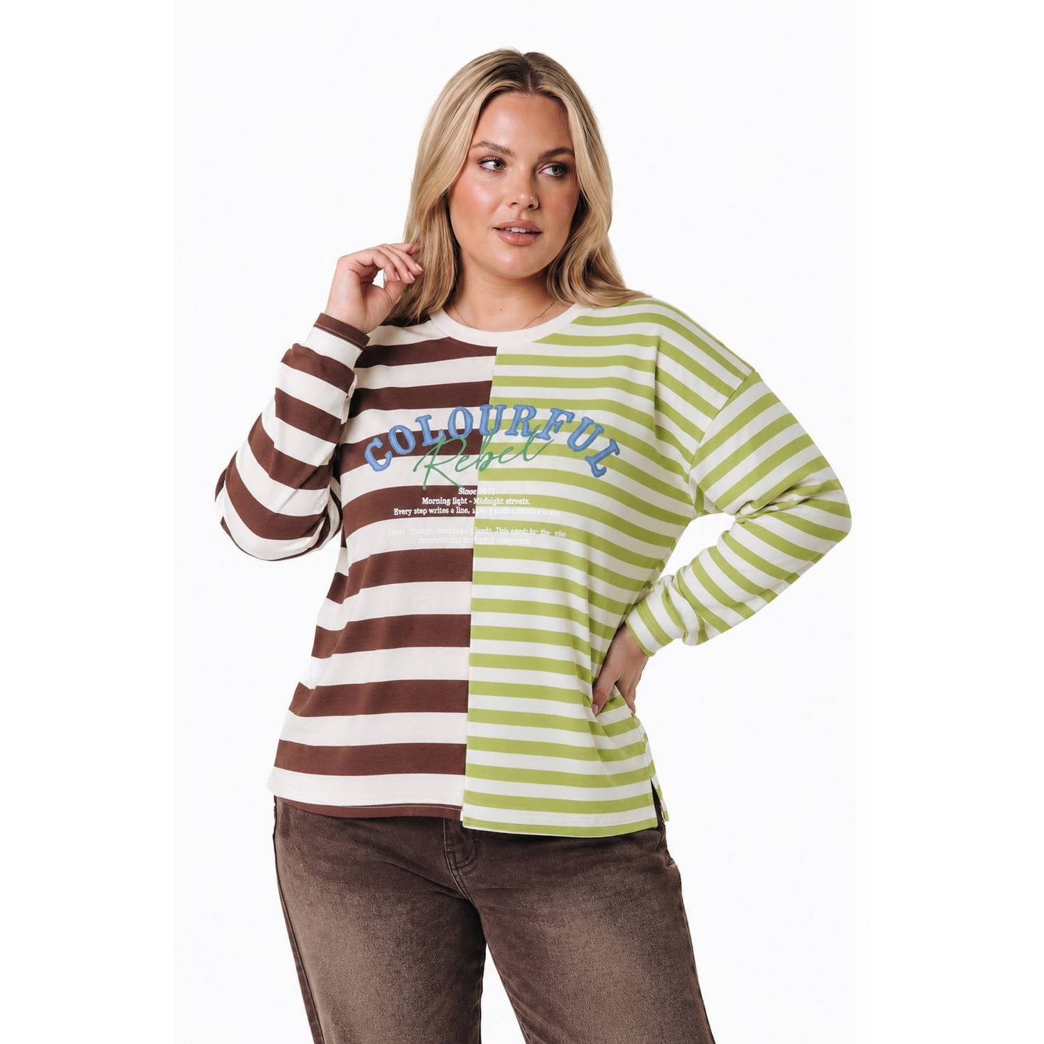 Colourful Rebel Curve Plus Size gestreepte top bruin groen