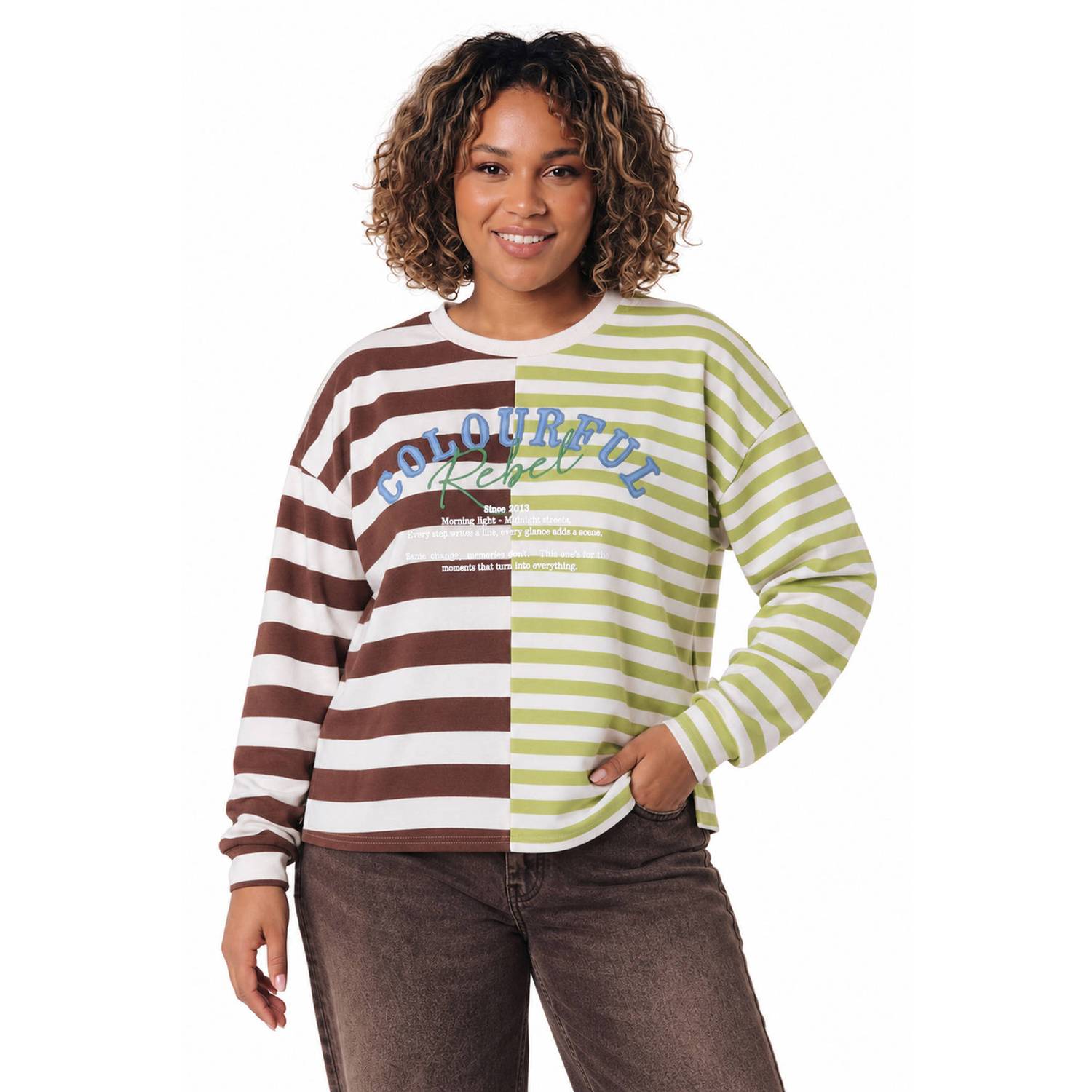 Colourful Rebel Curve Plus Size gestreepte top bruin groen