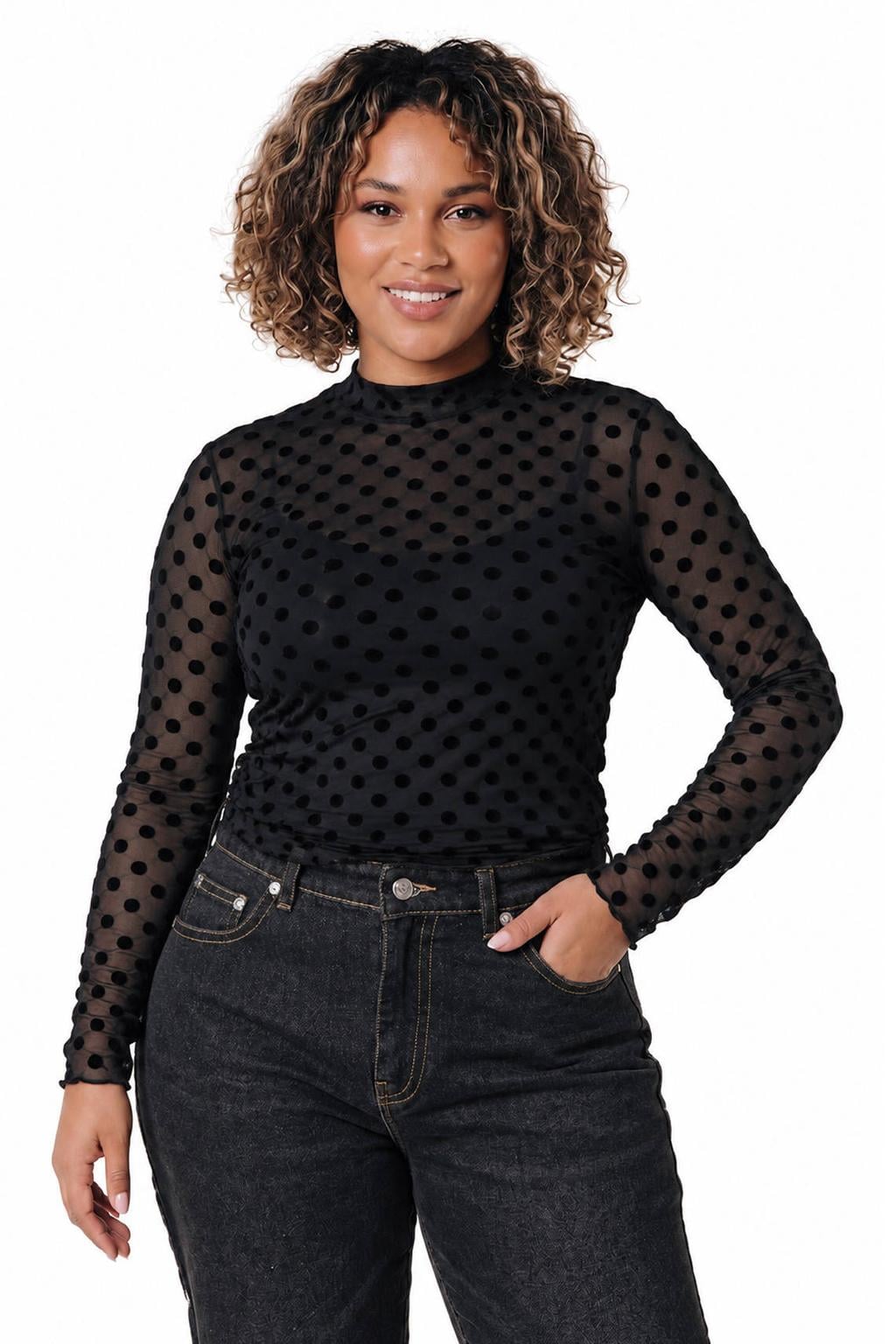 Zwarte dames Colourful Rebel Curve top van mesh met stippenprint en lange mouwen