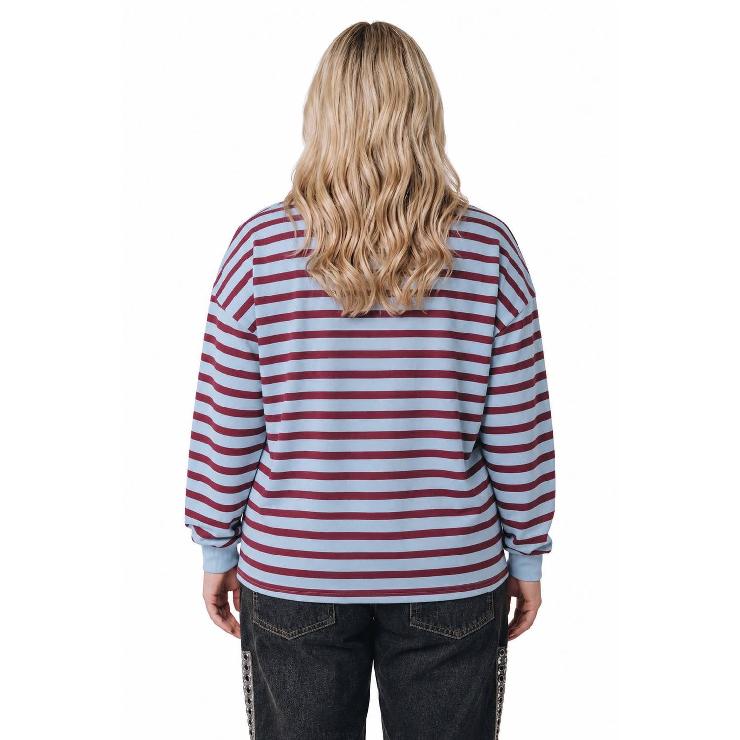 Colourful Rebel Curve Plus Size katoenen gestreepte sweater blauw