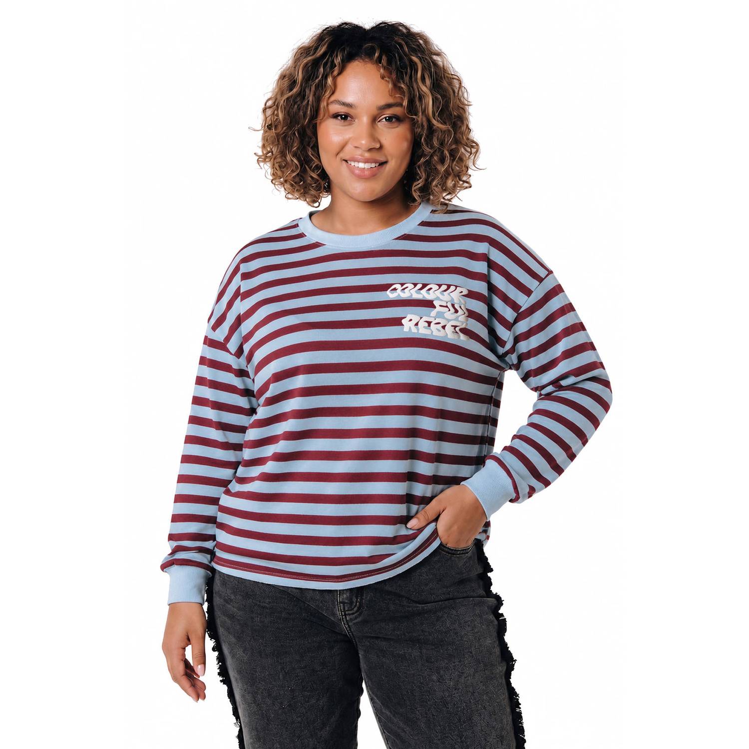 Colourful Rebel Curve Plus Size katoenen gestreepte sweater blauw
