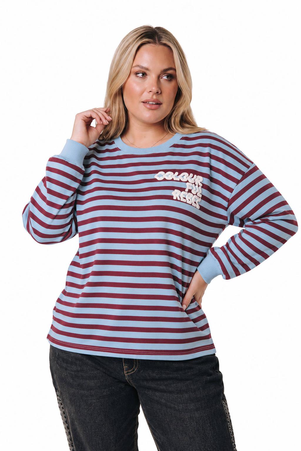 Colourful Rebel Curve Plus Size katoenen gestreepte sweater - blauw