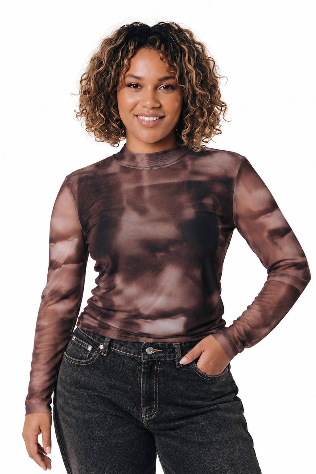 Bruine dames Colourful Rebel Curve top van mesh met lange mouwen en ronde hals