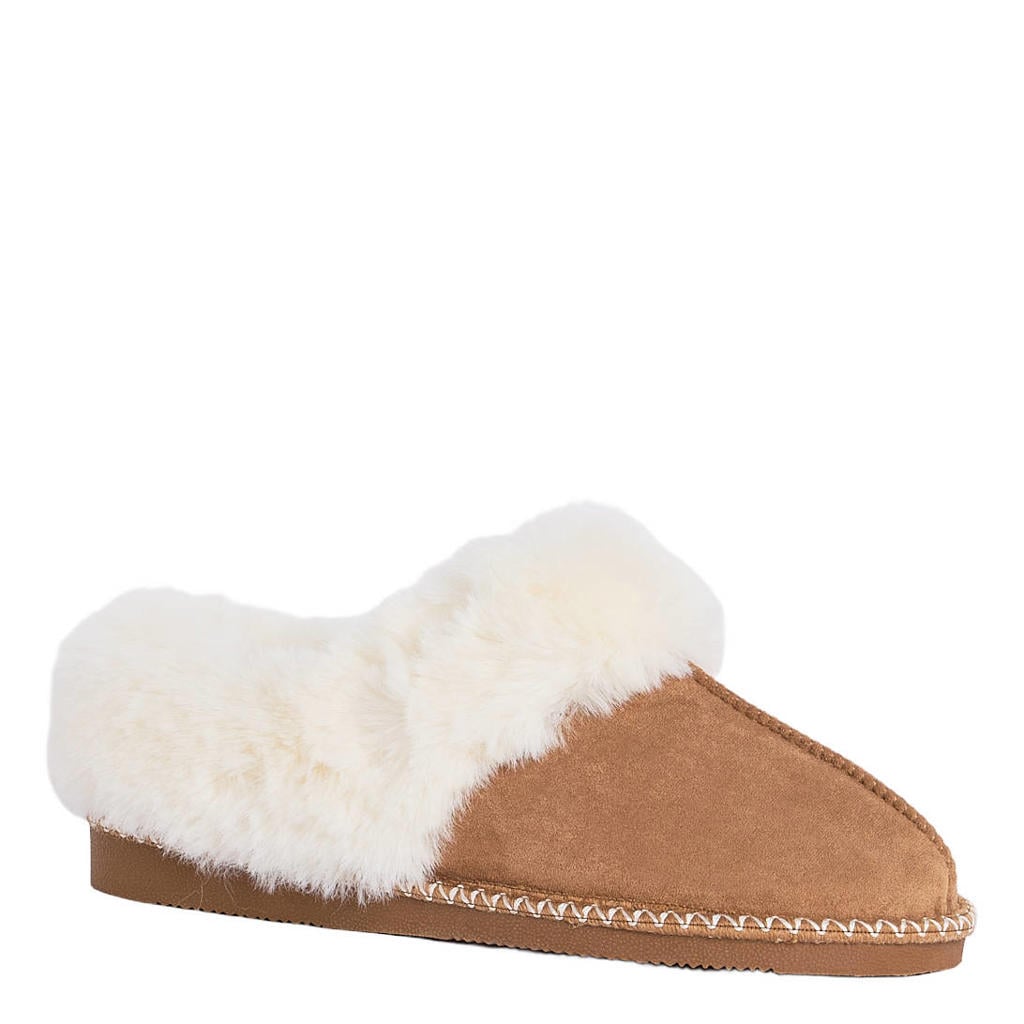 Violet en camelkleurige dames America Today suèdelook pantoffels - van 90% polyester/10% elasthaan
