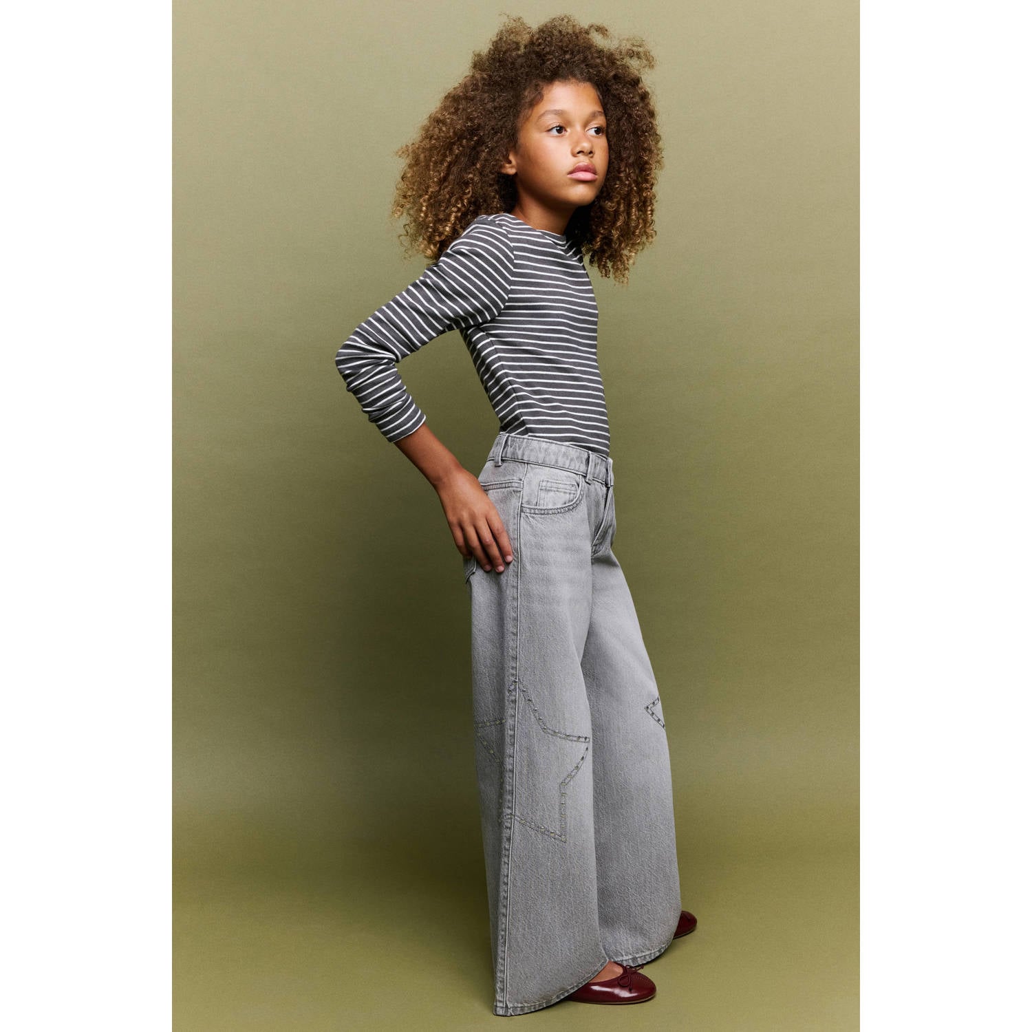 Mango Kids wide leg jeans met studs en sterren changeant grijs