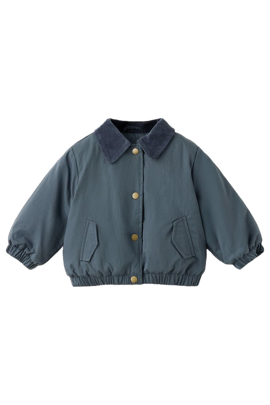 Blauwe jongens Mango Kids katoenen winterbomberjas met lange mouwen, opstaande kraag en drukknoopsluiting