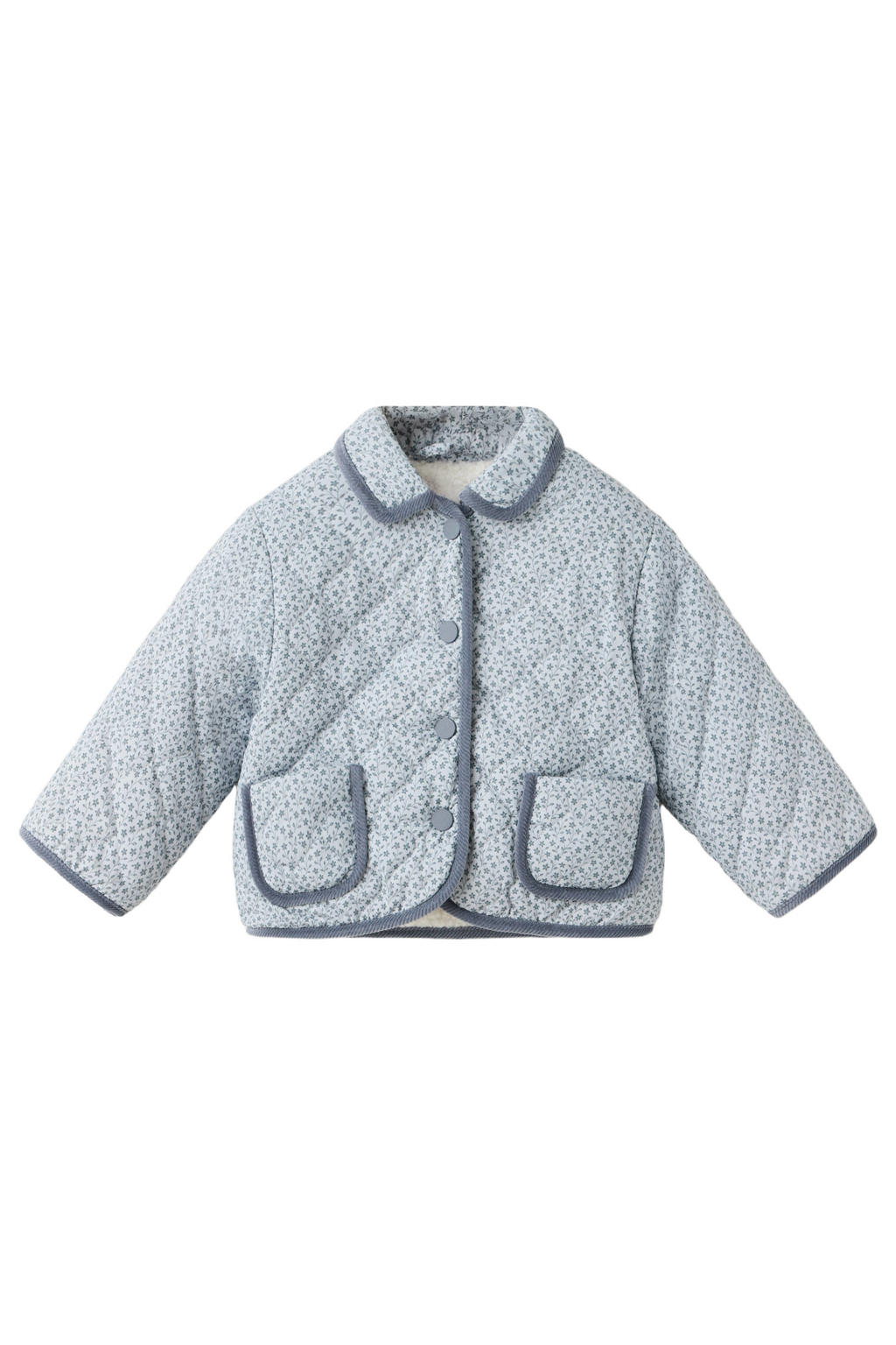 Blauwe meisjes Mango Kids gebloemde quilted jas van polyester met lange mouwen en knoopsluiting