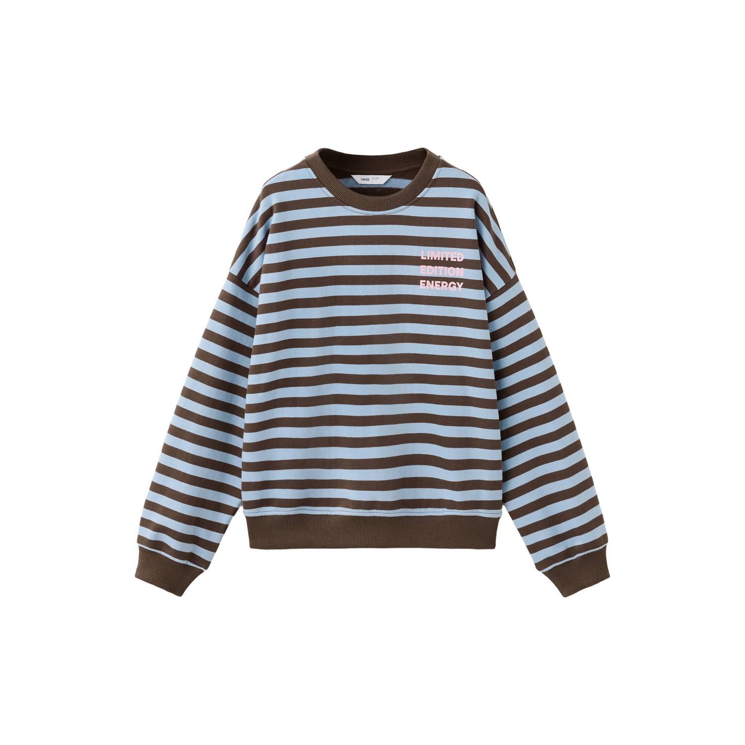 Mango Kids gestreepte sweater met tekst bruin blauw