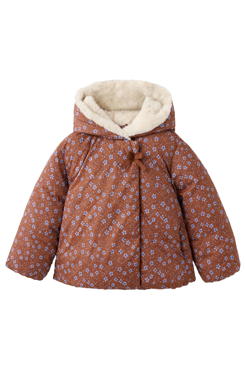 Koper en lichtblauwe meisjes Mango Kids gebloemde winterjas van polyester met lange mouwen, capuchon en blinde knoopsluiting