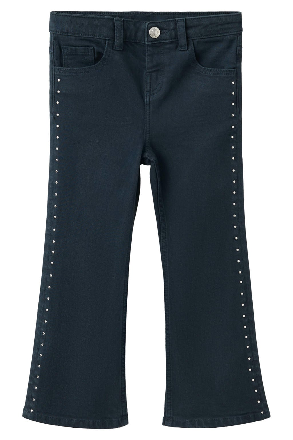 Marineblauw meisjes Mango Kids flared jeans blauw van stretchkatoen met regular waist, drukknoopsluiting en effen