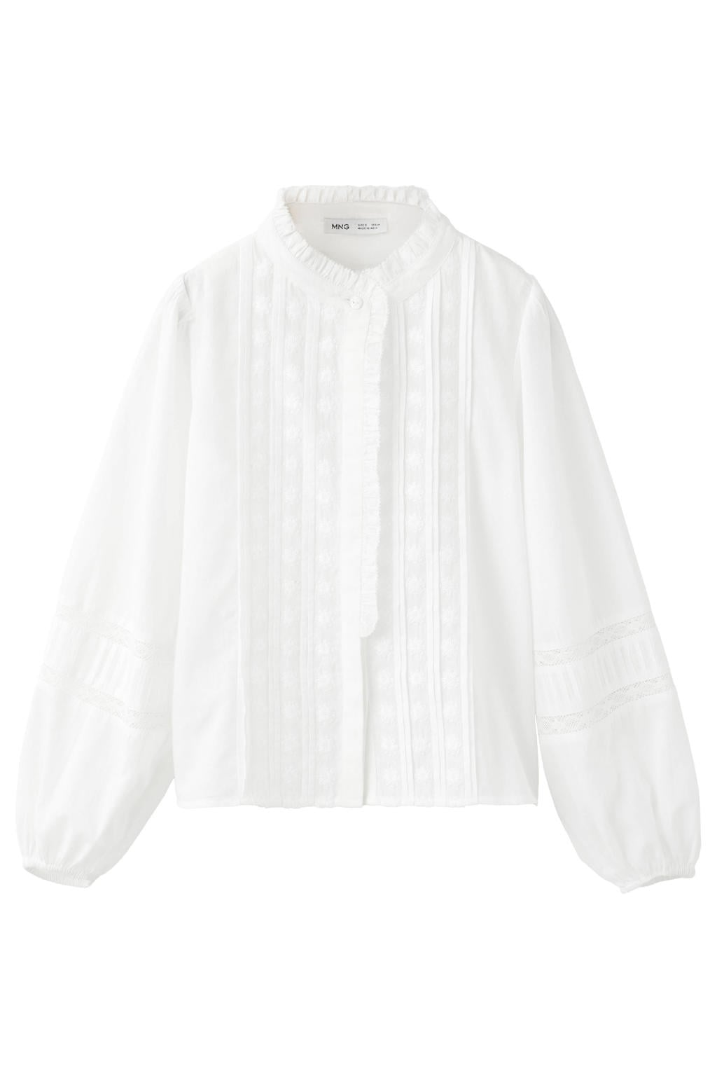 Ecru meisjes Mango Kids blousetop van katoen met effen, lange mouwen, ronde hals en ruches