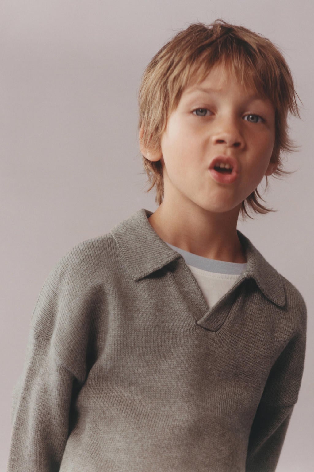 Lichtbruine jongens Mango Kids gebreide trui van katoen met effen, lange mouwen en polo kraag