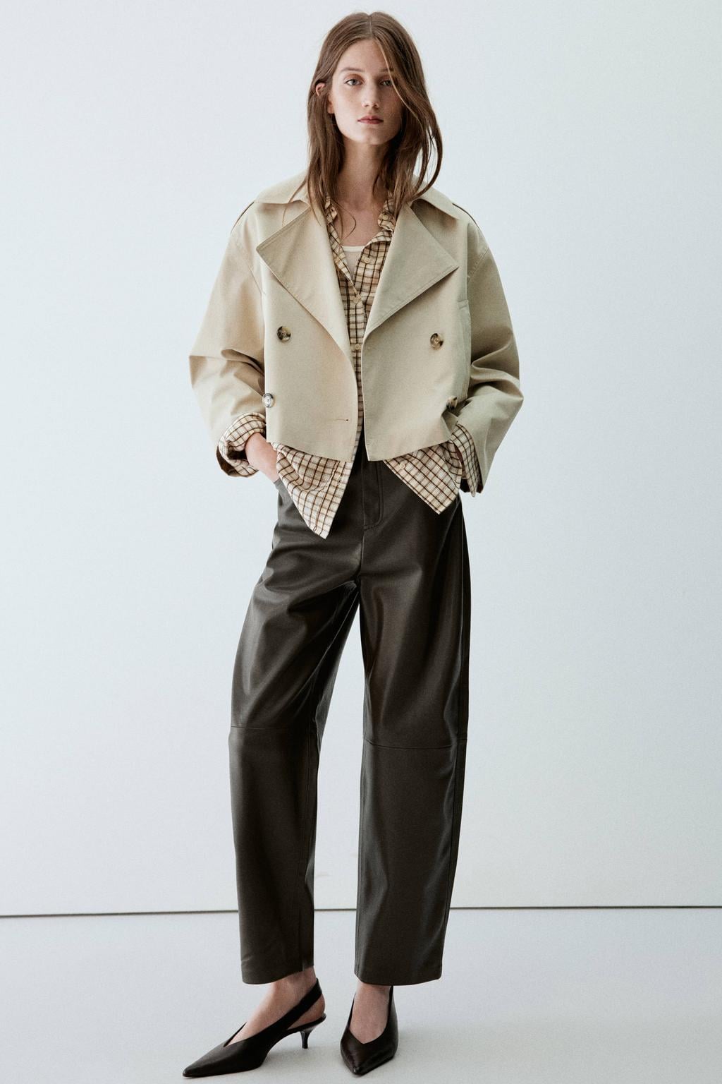 Mango imitatieleren barrel broek - bruin/groen