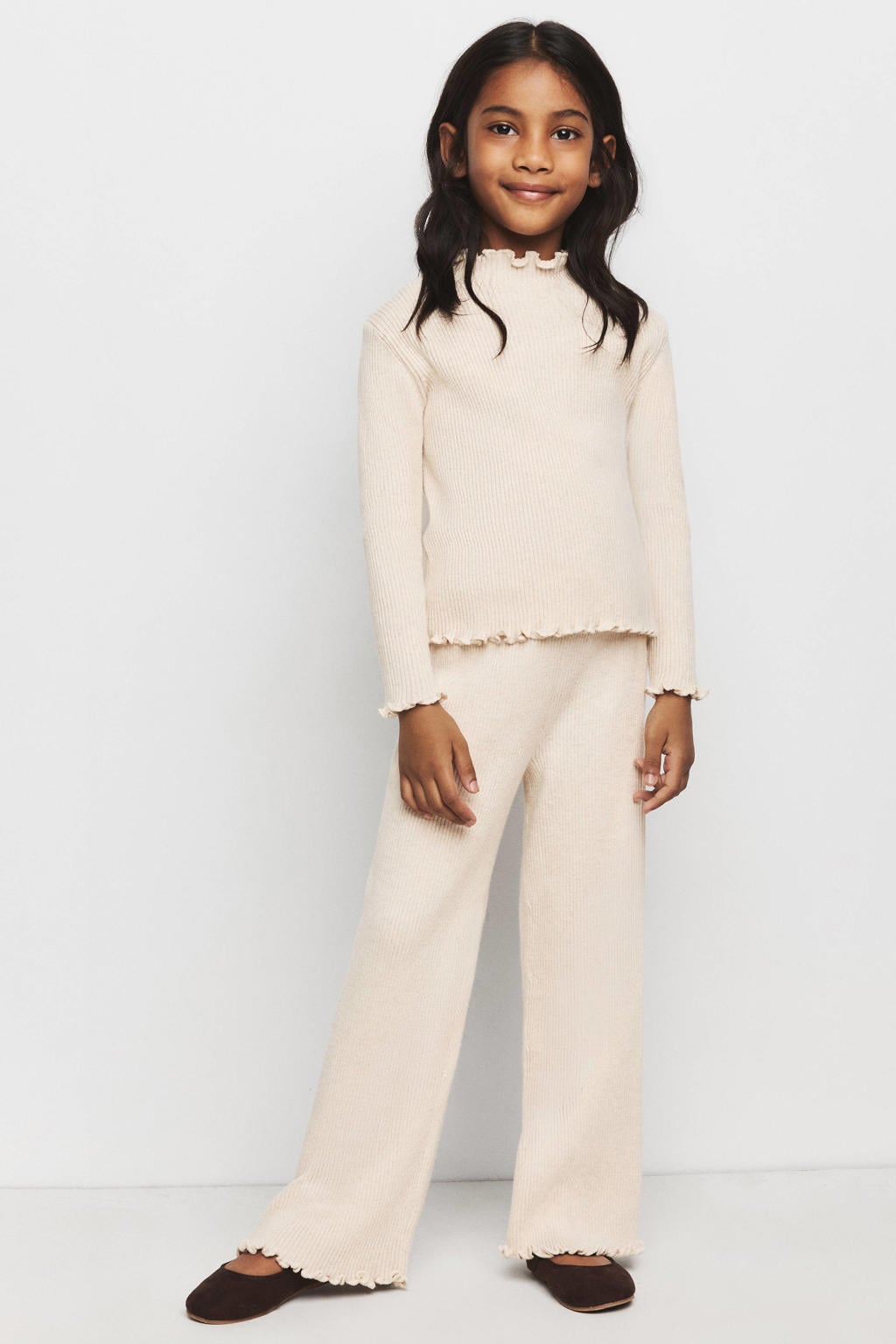 Beige meisjes Mango Kids wide leg casual broek van katoen met effen