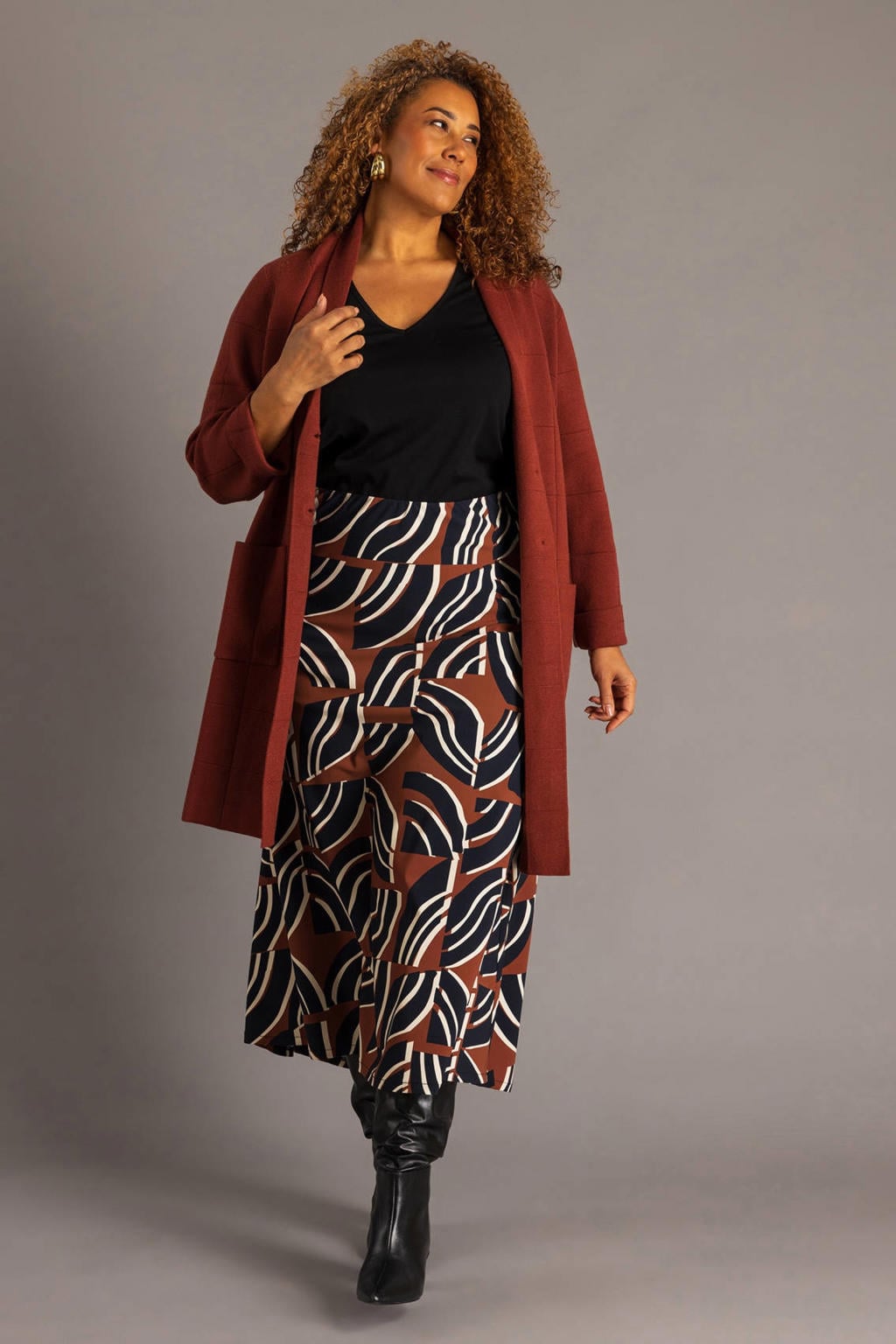 Colletta Plus Size midi rok met print - bruin/zwart/wit
