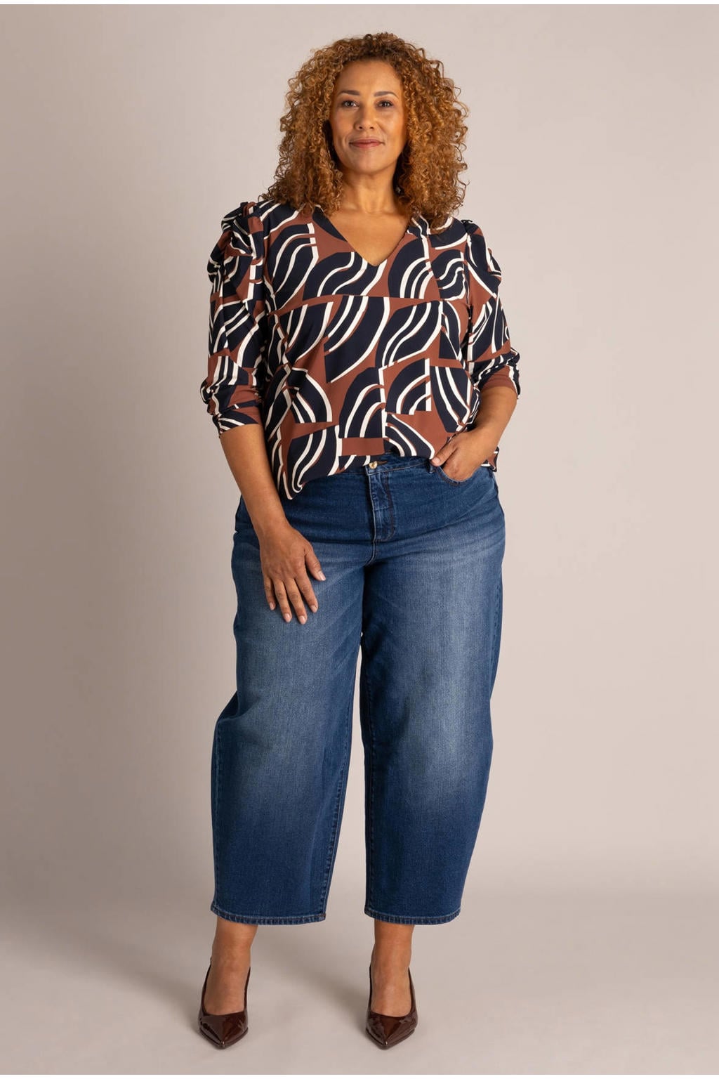 Colletta Plus Size top met print - bruin/zwart