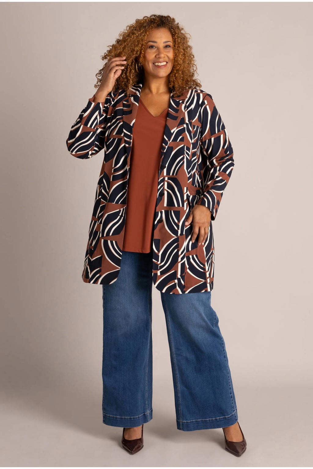 Colletta Plus Size regular blazer met print - bruin/zwart