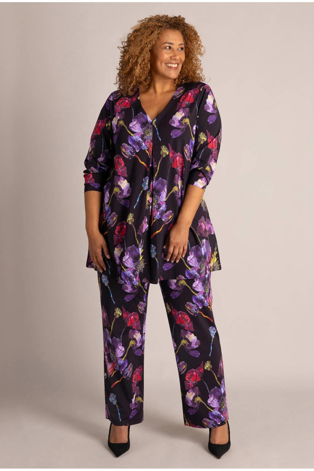 Colletta Plus Size slim fit broek met print - zwart/paars