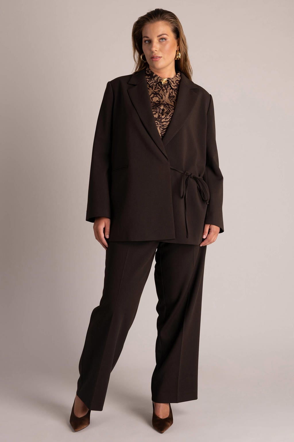 Donkerblauwe dames Yest Curve Plus Size straight leg pantalon met rits- en knoopsluiting