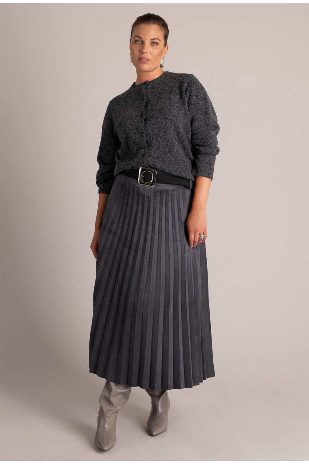 Yest Curve Plus Size A-lijn plooirok met ceintuur - grijs