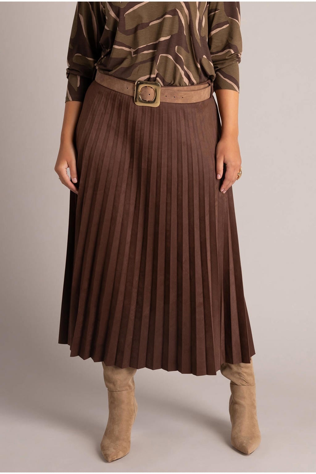 Yest Curve Plus Size A-lijn rok met ceintuur - roodbruin