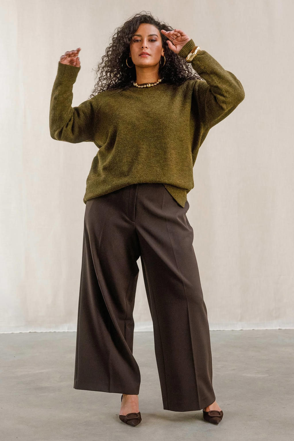 Yest Curve Plus Size wide leg broek met corduroy details - bruin