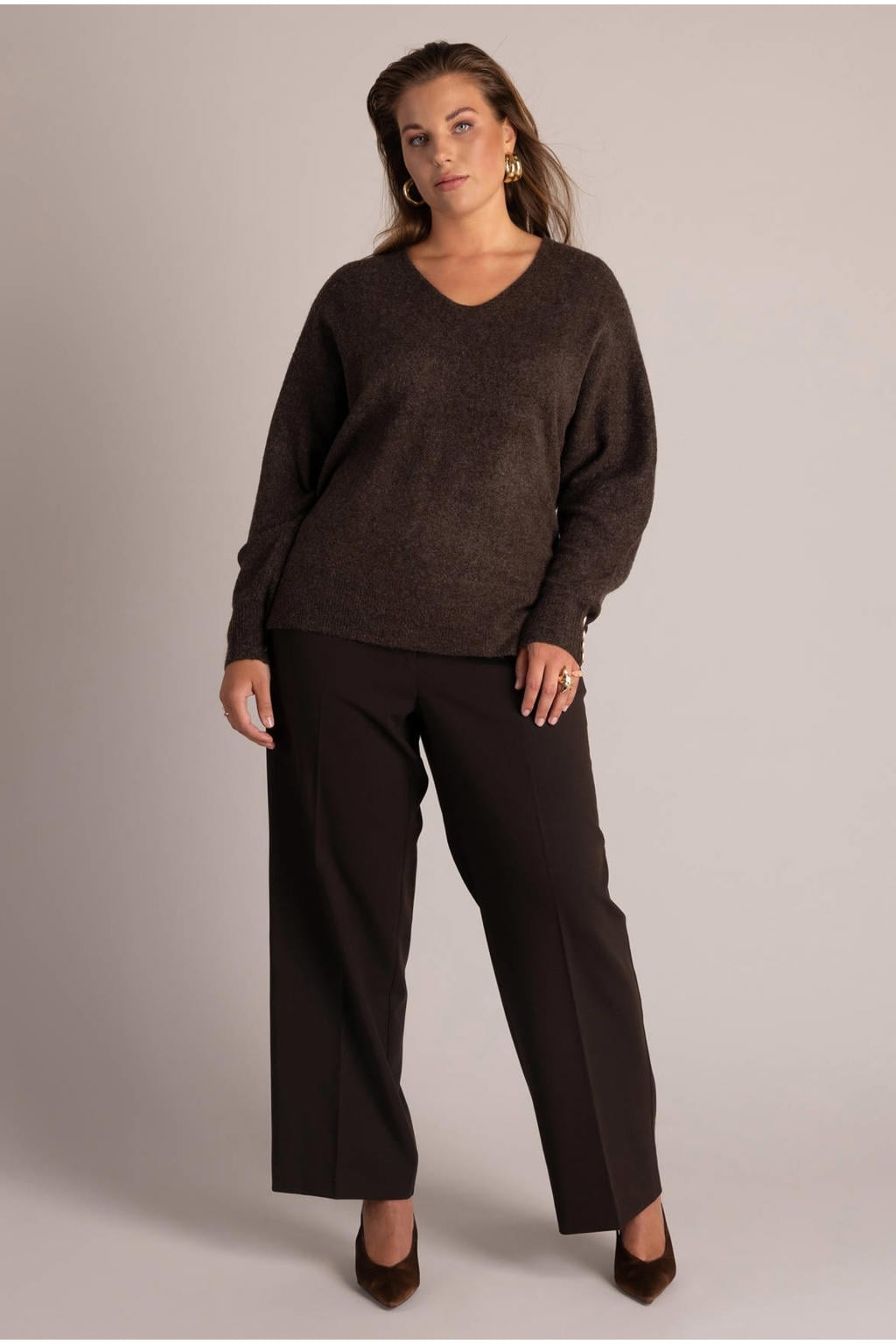 Yest Curve Plus Size wollen gebreide trui - bruin