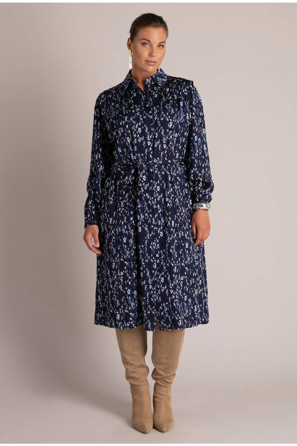 Yest Curve Plus Size midi blousejurk met print - donkerblauw