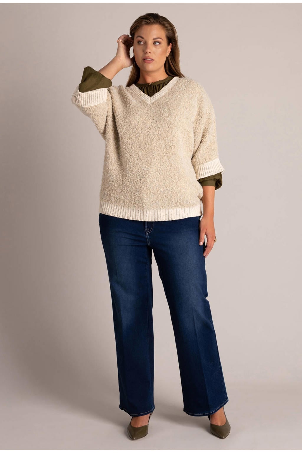 Yest Curve Plus Size gebreide trui met wol - ecru