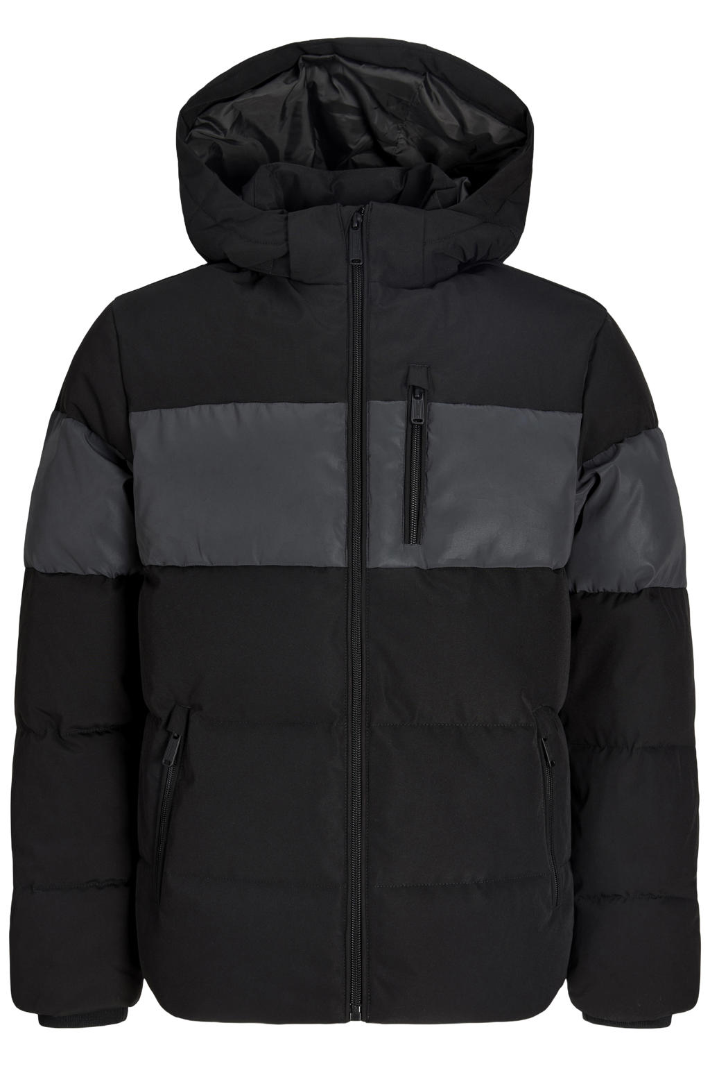Zwart en grijze jongens JACK & JONES JUNIOR gebreide gewatteerde winterjas met meerkleurige print, lange mouwen, capuchon en ritssluiting