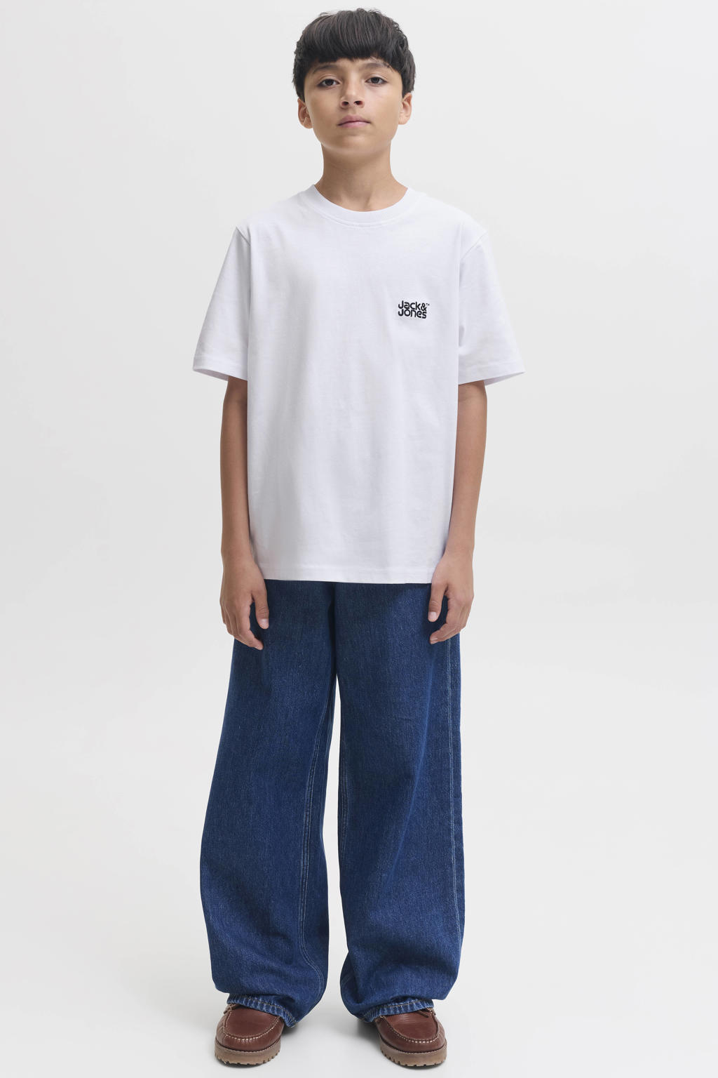 Witte jongens JACK & JONES JUNIOR T-shirt van katoen met effen, korte mouwen en ronde hals