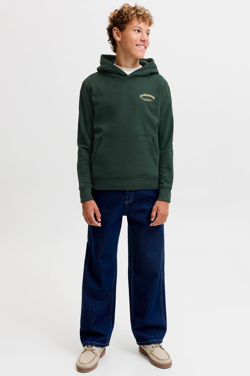 Donkergroene jongens JACK & JONES JUNIOR rechtvallende hoodie van sweat materiaal met backprint, lange mouwen en capuchon