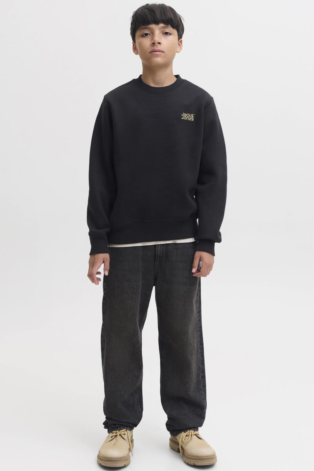 Zwarte jongens JACK & JONES JUNIOR sweater met effen, lange mouwen, ronde hals en borduursels