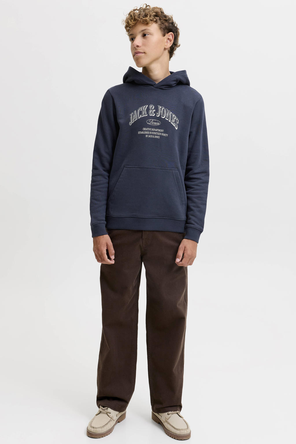 Donkerblauwe jongens JACK & JONES JUNIOR hoodie van sweat materiaal met logo dessin, lange mouwen en capuchon