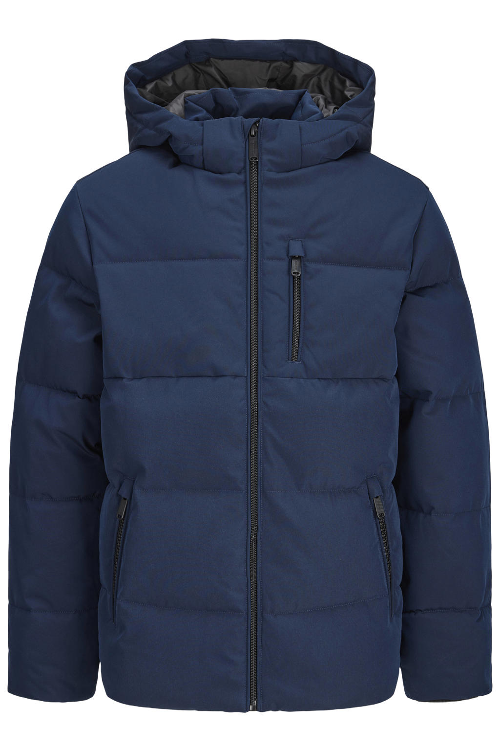 Donkerblauwe jongens JACK & JONES JUNIOR gebreide gewatteerde winterjas met lange mouwen, capuchon en ritssluiting