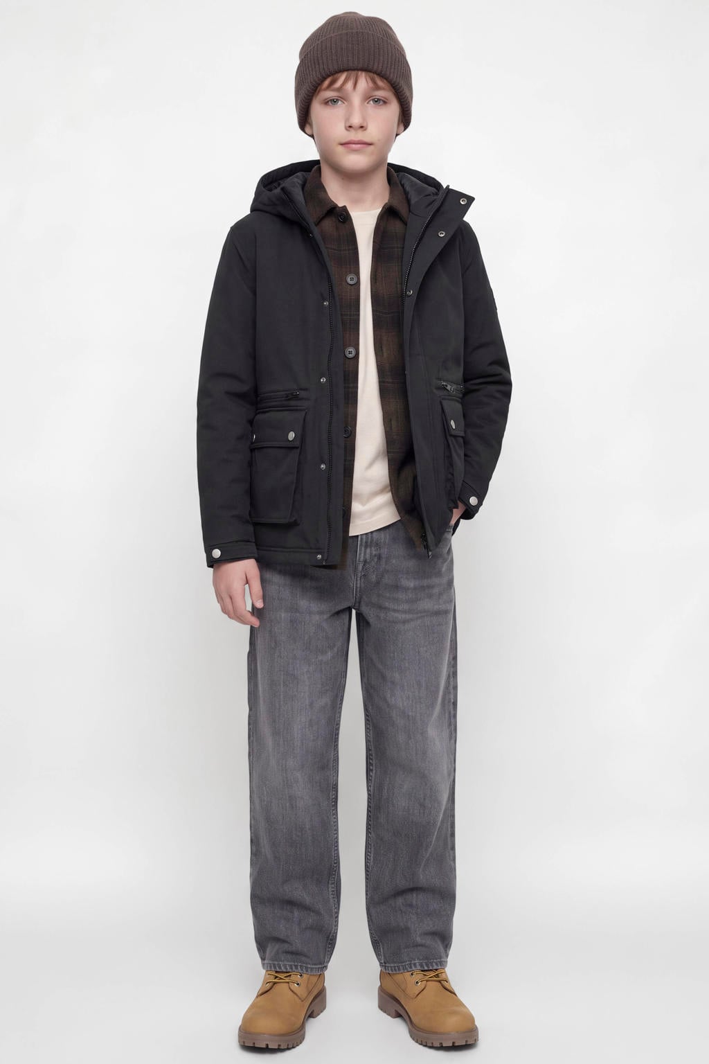 Zwarte jongens JACK & JONES JUNIOR gebreide winterparka van polyester met effen, lange mouwen, capuchon en rits- en knoopsluiting